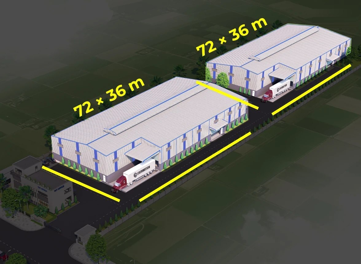 Two 72 × 36 m warehouses