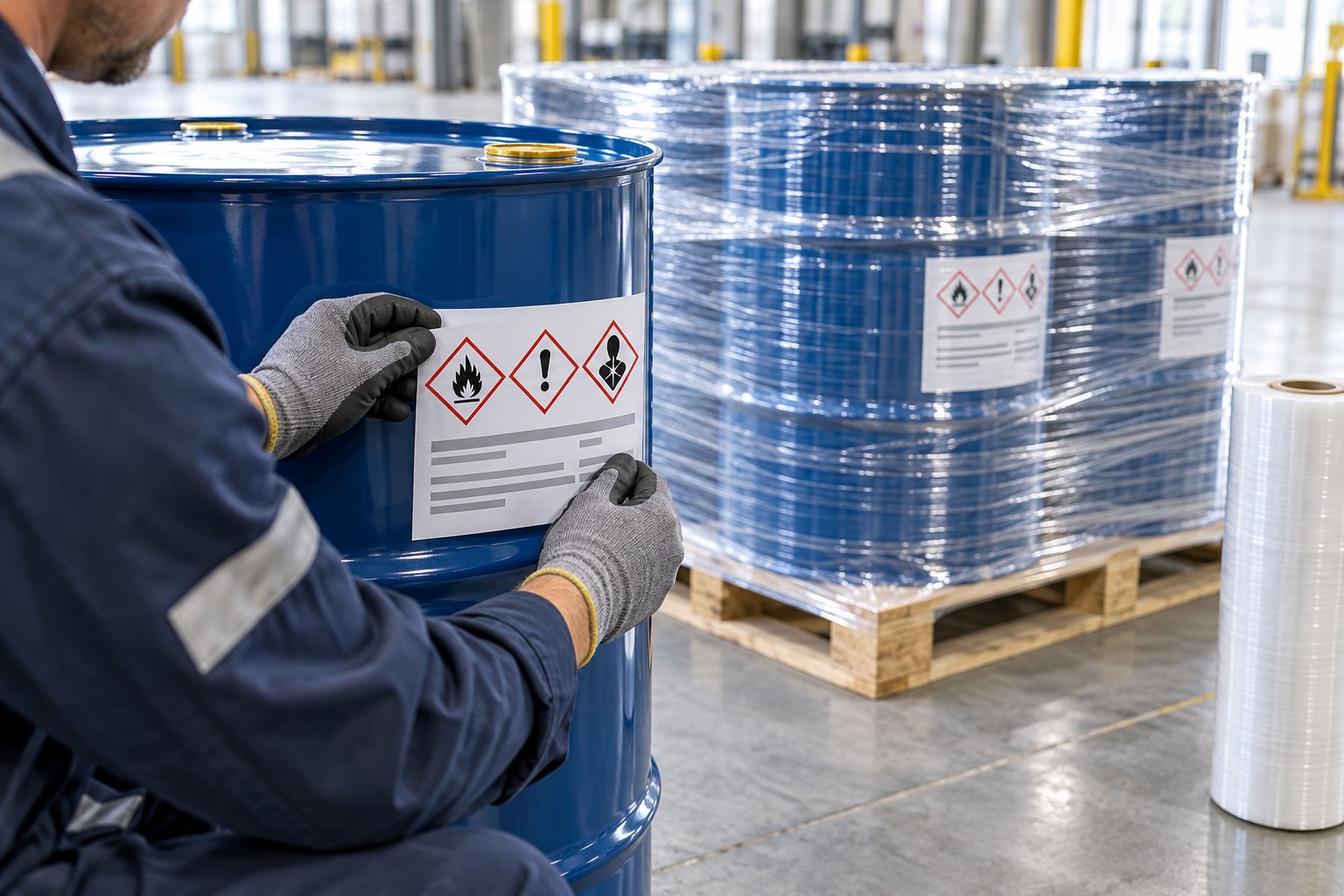 Minh họa đóng pallet, quấn màng và dán nhãn GHS trên phuy