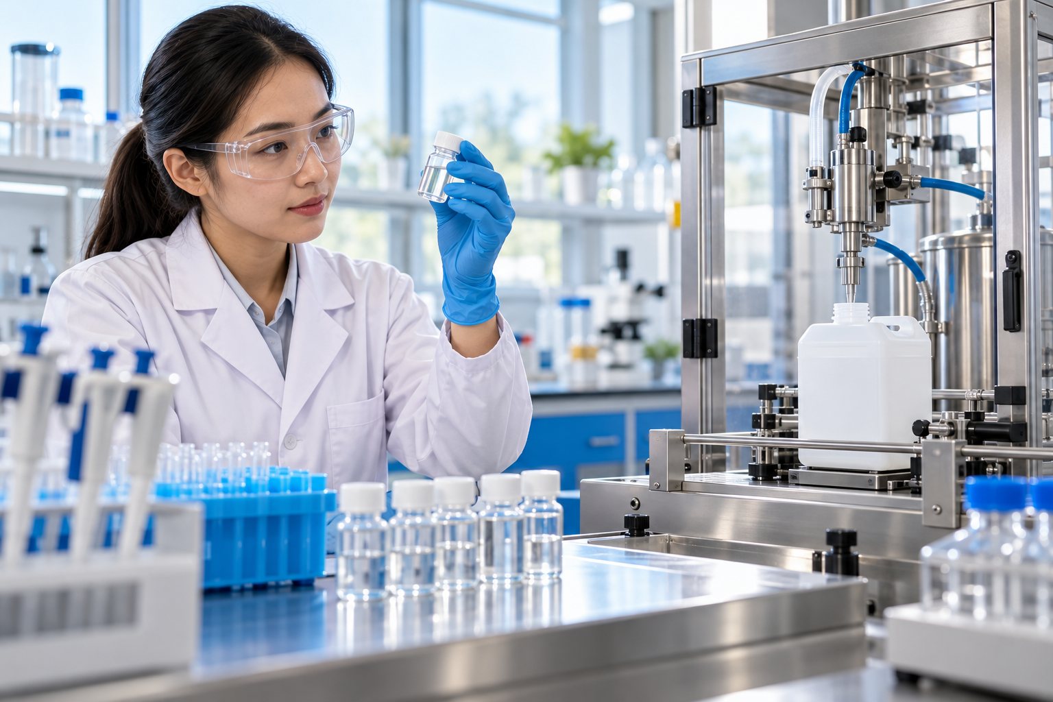 Minh họa thiết bị chiết rót và kiểm tra mẫu trong phòng thí nghiệm